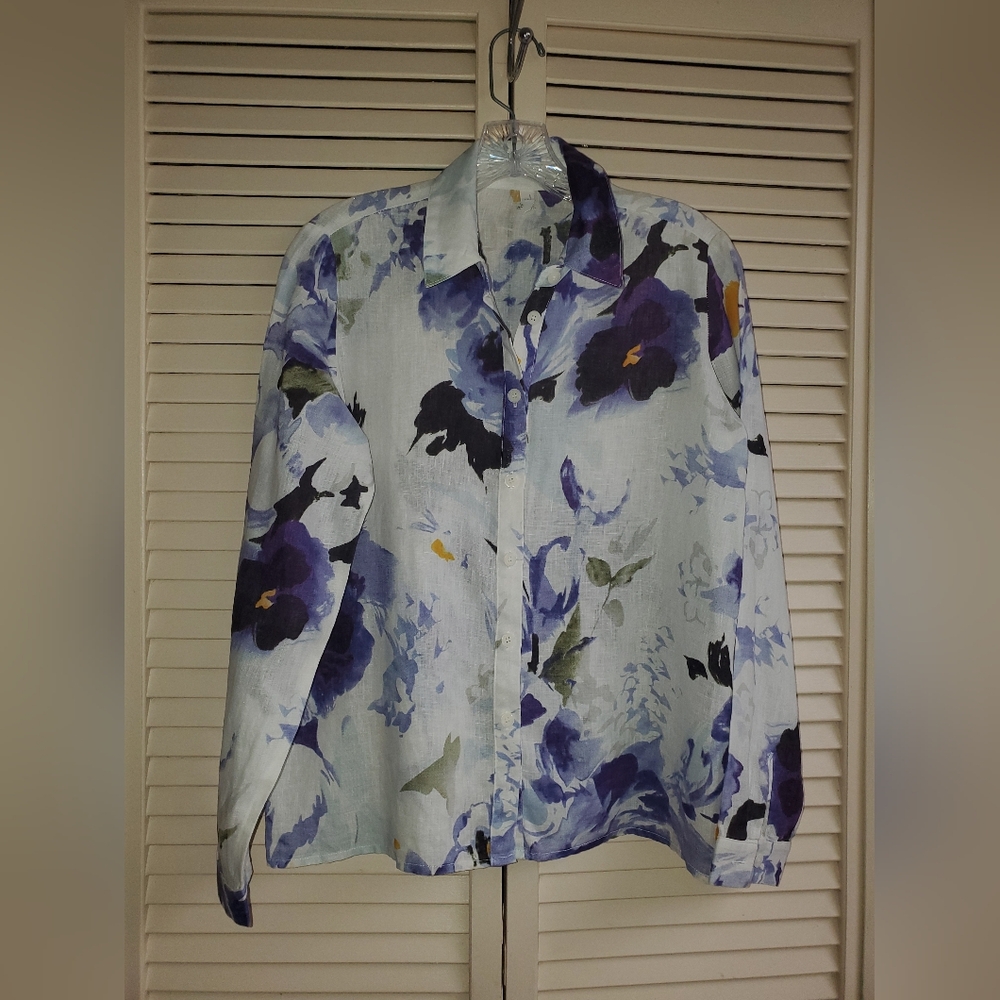 Ladies On Queen Linen Floral Button-Up Shirt Size S/P
